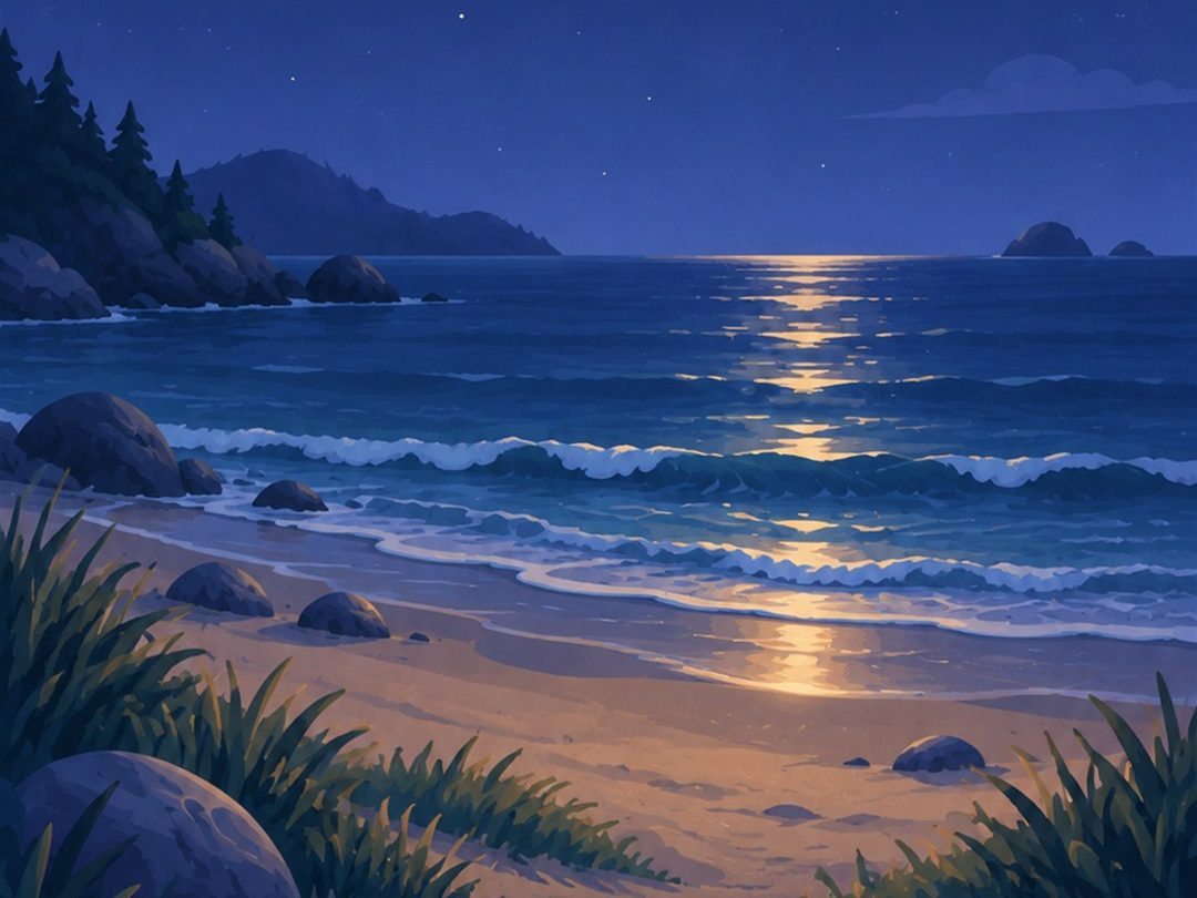 A beach at night with moonlight on the water