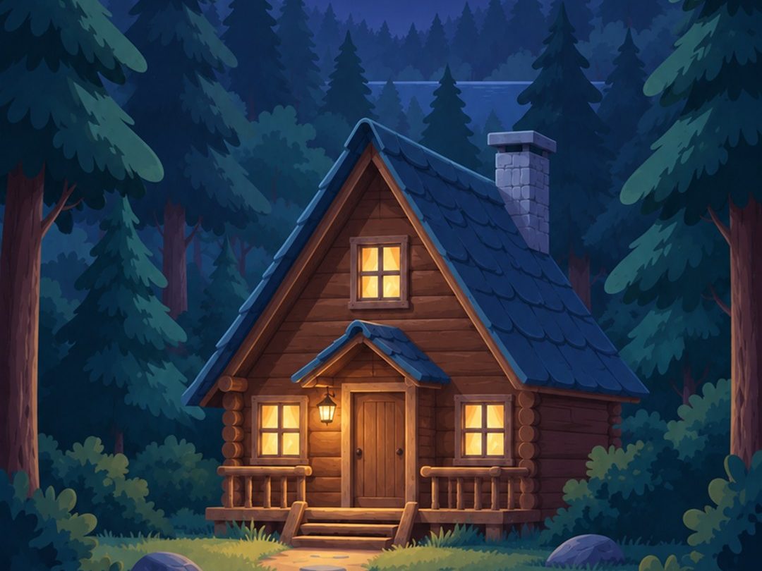 A log cabin with lit windows at night