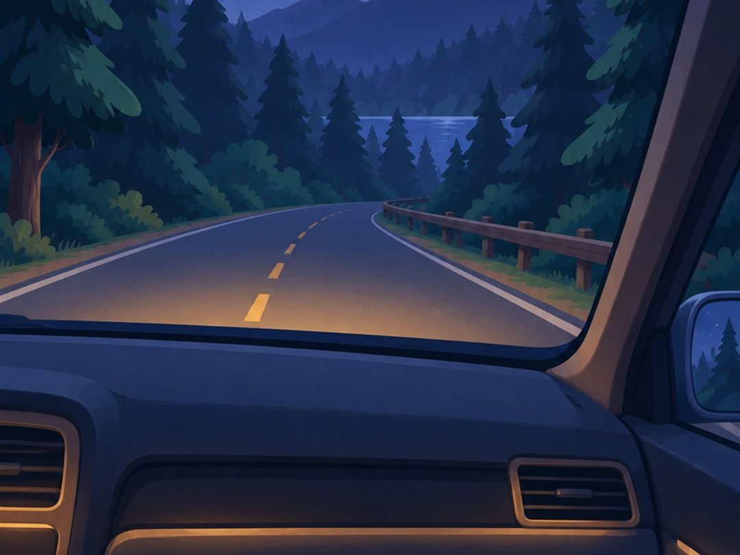 The inside of a car on a forest road at night