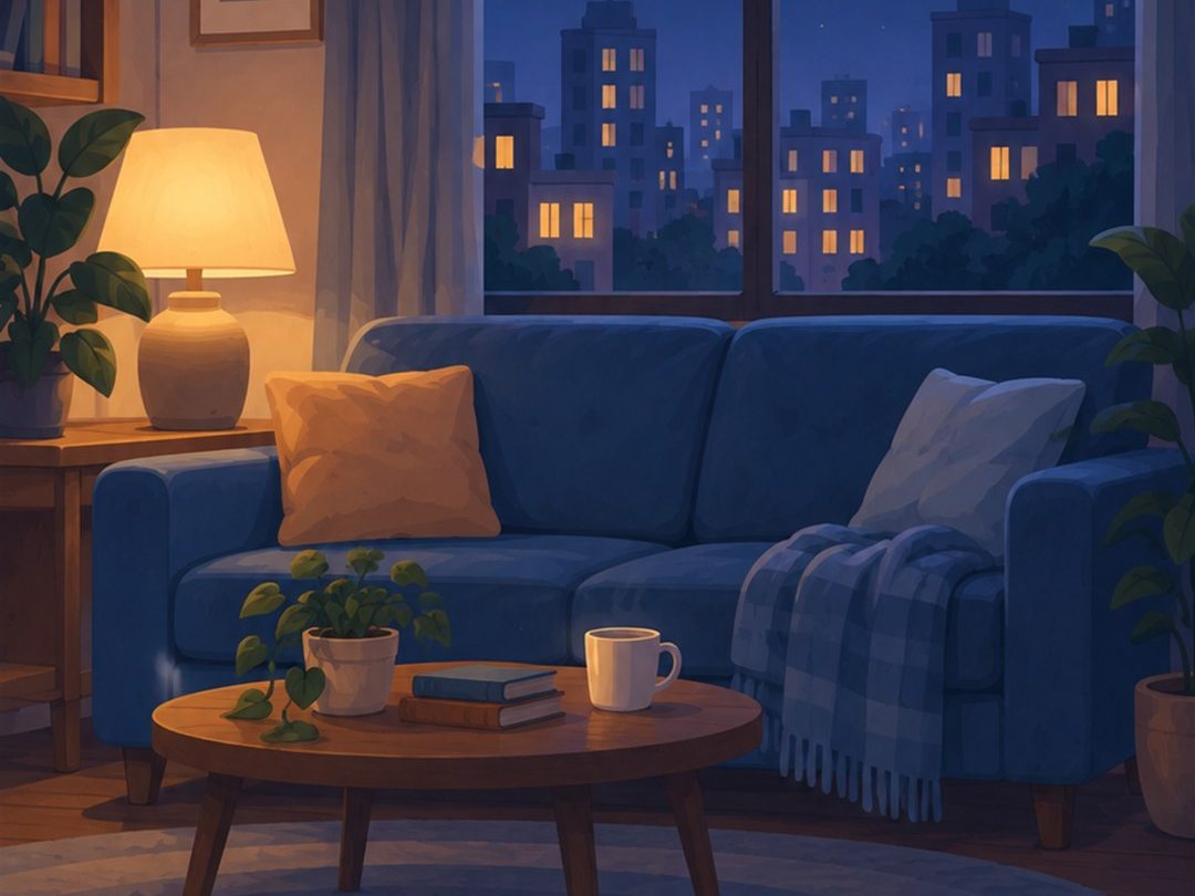 A living room with a view of the city at night