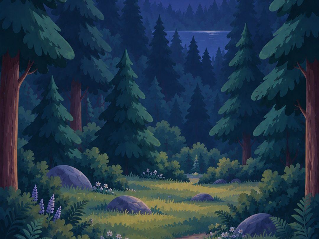 A path through a pine forest at night
