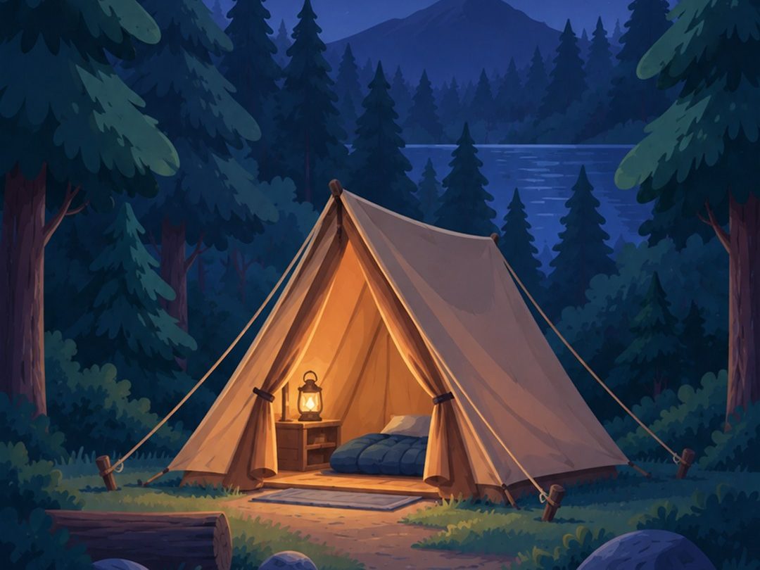 A lit tent between pine trees at night