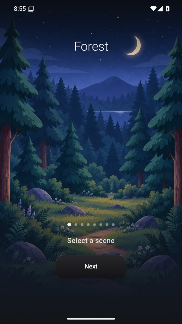 Scene gallery showing the forest at night with the prompt select a scene